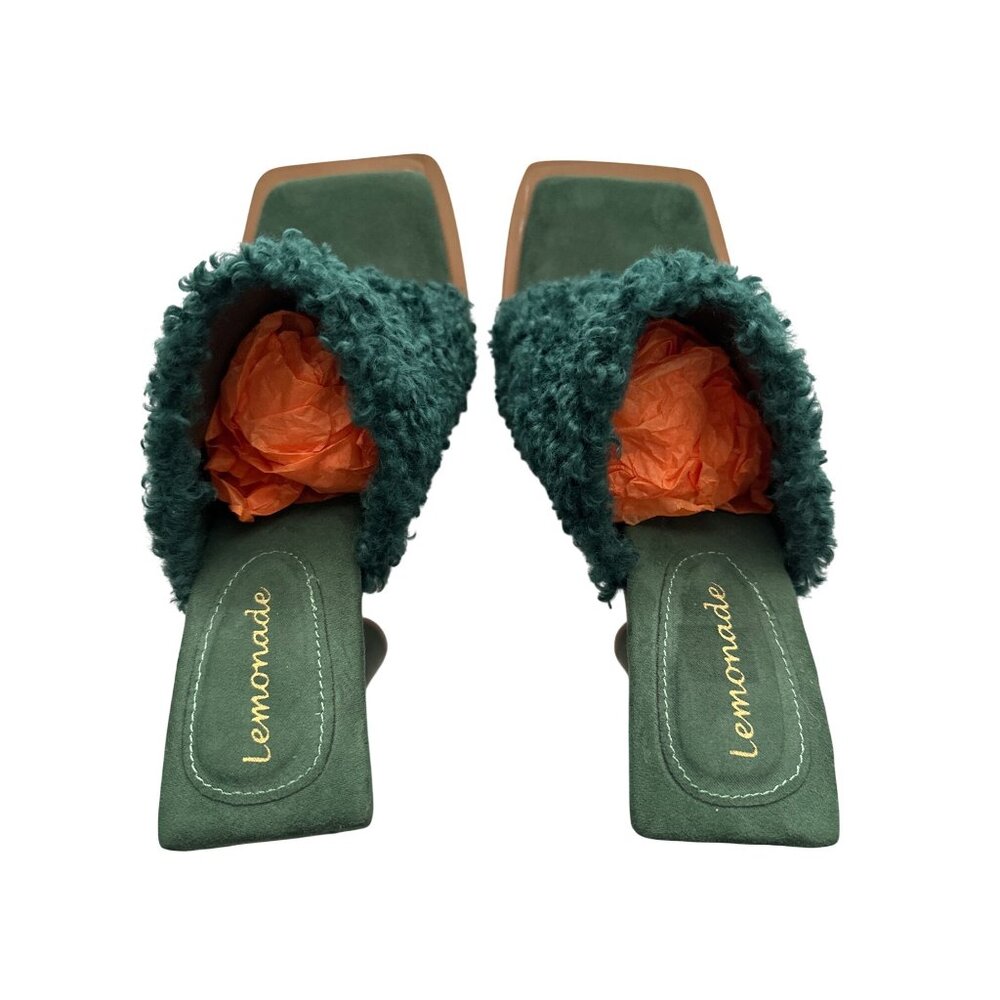 Lemonade Sunny Green Faux Fur Mules Open-Toe Slip On 5” Cylinder Heel Size 7.5 - Picture 7 of 9